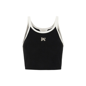 Careful Selection Luxury Brand Palm Angels Thin <b>White</b> Straps Crew Neck Black Cotton <b>Crop</b> <b>Top</b> - Product Image 1