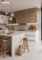 Cuisine en bois naturel style Wabi Sabi avec îlot cannelé, étagères ouvertes LED, comptoir en quartz, armoires de cuisine modernes sur mesure
