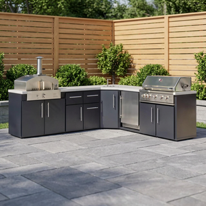 Isla de Cocina Exterior Emory Corner con Parrilla de Gas Propano de 5 Quemadores en Acero Galvanizado Negro con Horno para Pizza, Refrigerador y Fregadero - Product Image 3
