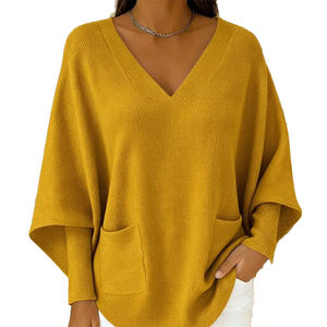 เสื้อสเวตเตอร์ไหมพรมผู้หญิง แขนทรงปีกค้างคาว คอวี สีพื้น สไตล์ลำลอง มีกระเป๋า  แบบใหม่สำหรับฤดูใบไม้ร่วงและฤดูหนาว - Product Image 4