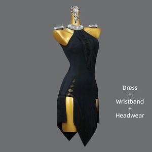 Robe de <span class=keywords><strong>danse</strong></span> latine noire à franges, col montant, dos nu, asymétrique, mini-robe pour concours et spectacle - Product Image 2