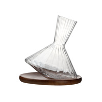 Carafe à vin rouge rotative soufflée à la main, 23 cm de haut, en verre nervuré sans plomb, avec plateau en bois pour la dégustation de vins en hôtel