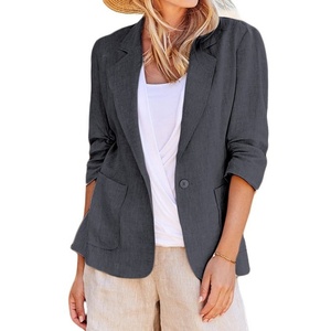 Cappotto da <span class=keywords><strong>donna</strong></span> in cotone e <span class=keywords><strong>lino</strong></span> con colletto con risvolto a manica lunga e sottile con colletto e colletto con colletto esterno primavera estate cappotto Casual solido da <span class=keywords><strong>donna</strong></span> - Product Image 4