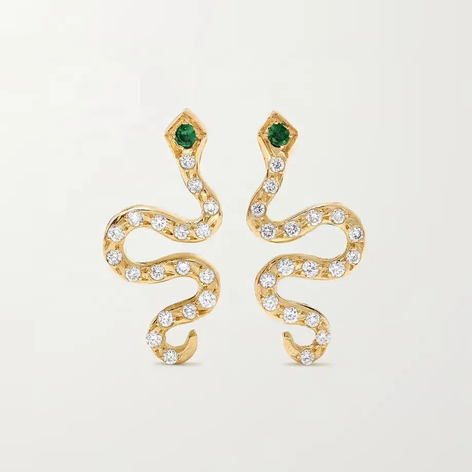 LOZRUNVE Italian 925 Sterling Silver Rhodium Gold Emerald Diamond Snake Stud Earrings