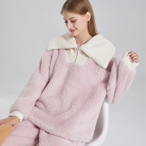 Indumenti da notte da donna inverno natale caldo <span class=keywords><strong>pigiama</strong></span> morbido <span class=keywords><strong>in</strong></span> <span class=keywords><strong>pile</strong></span> di flanella con maniche lunghe pantalone <span class=keywords><strong>in</strong></span> vita indumenti da notte per ragazze - Product Image 1