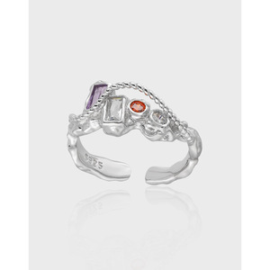 Versión Coreana de nicho dulce y fresco diseño de cadena personalizado con incrustaciones de circón colorido S925 anillo abierto de plata pura para mujer - Product Image 1