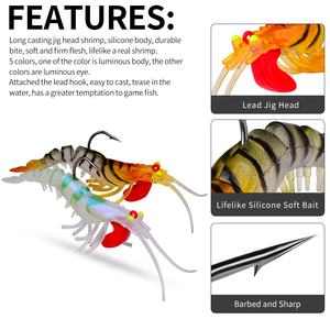 Vente en gros de leurres souples en PVC et silicone, imitation crevettes, de 73mm, 100mm, 135mm, pour la pêche de nuit - Product Image 6