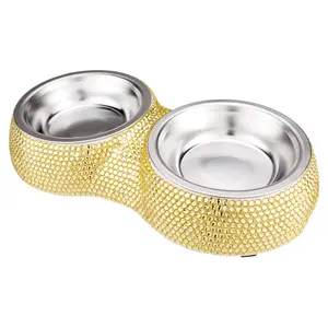 Bling Rhinestone Pet Feeder Pet Bowls For Small Cats Dog Double Diner Pet Bowl