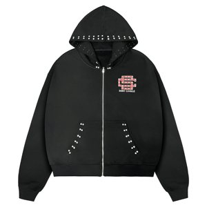 Sudadera con capucha negra extragrande de alta calidad ODM OEM para hombre, con cremallera, logotipo personalizado, adornada con perlas y piedras, ropa urbana gráfica. - Product Image 1