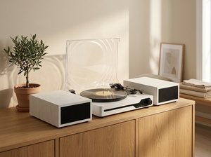 Pièce de décoration esthétique <span class=keywords><strong>blanche</strong></span> pour la maison, <span class=keywords><strong>Bluetooth</strong></span> sans fil avec haut-parleurs externes pour bibliothèque, tourne-disque **lecteur de disques vinyles** - Product Image 1