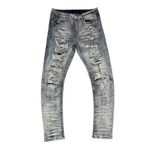 Custom stacked street wear denim jeans for men acid washed distressed stretchy slim pants with ripped holes