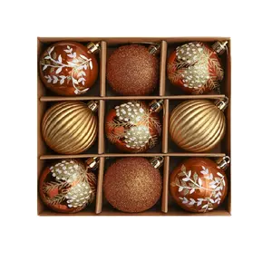 2024 8cm Plastic Christmas Ball Set Of 9pcs Brown Copper Christmas Tree Ornaments Merry Christmas Gift