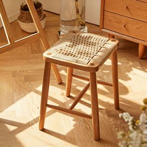 Japanese Style Solid Wood Rope <b>Woven</b> <b>Stool</b> With Rattan Seat Stable Design For Dining Chair Adult Use - Product Image 1