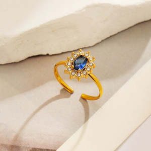 Open <b>Ring</b> Flower Shape Blue Zircon 18k Gold Plated <b>Titanium</b> Steel Women's Party Jewelry - Product Image 1