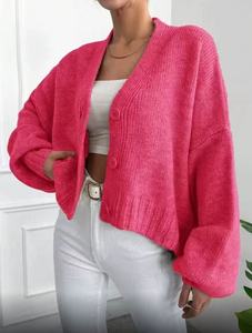 Maglione da Donna in Maglia con Scollo a V e Maniche a Lanterna, Stile Rilassato e Ampio, Taglie Grandi, Modello Corto alla Moda - Product Image 2