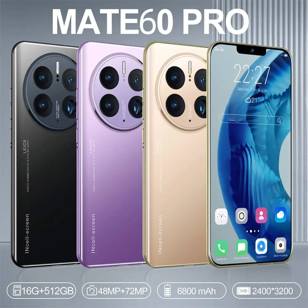 Mate60 Pro Max 6.8 inch màn hình điện thoại di động CPU: mtk6889 12GB + 512GB 32MP + 50MP Camara, 6800ah Dual Sim thẻ thông minh Điện thoại di động