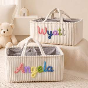 Cesta de Regalo para Bebé, Organizador de Pañales con Nombre Personalizado, Cesta de Almacenamiento para Guardería de Pana con Asas - Product Image 1