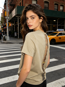 T-<span class=keywords><strong>shirt</strong></span> col rond pour <span class=keywords><strong>femme</strong></span> en coton épais, personnalisé OEM, imprimé DTG, broderie de lettres, avec empiècements en dentelle, style streetwear - Product Image 2