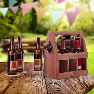 Retro Solid Wood <b>Beer</b> Carrier 6-Bottle Capacity With Bottle Opener Portable Outdoor Storage Box - Product Image 1
