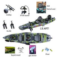 Vente d'usine, canoë à ailerons 2 places de 13,4 pieds, coque en HDPE PE, kayak à pédales à clapets pour 2 personnes, pour la navigation en mer, avec accessoires de kayak