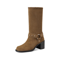 Bottes mi-mollet Western Cowboy en daim à franges et rivets, avec bride et talon carré, hauteur genou