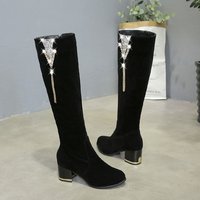 Bottes hautes en velours pour femmes, décorées de strass et de pompons, talon bloc, fermeture éclair latérale, bottes habillées tendance pour l'automne et l'hiver