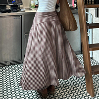 Jupe longue évasée taille haute à carreaux pour femme, style preppy, coupe ample, décontractée et respirante, collection Printemps-Été 2026