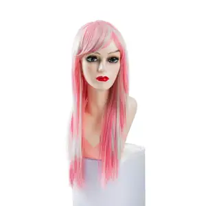 ANXIN Wholesale Fashion Girls Long Straight Pink White Side Bangs COS Chemical Synthetic Fiber Wig For Women