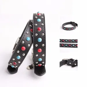 Crystal leather dog leads and collars strong real leather big dog collar leash supplier high quality