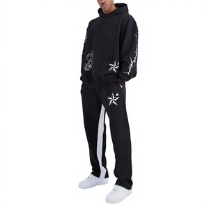 Survêtement à capuche noir pour homme, manches longues, imprimé géométrique, streetwear, coupe ample, 100% coton, respirant, vêtements d'automne - Product Image 1