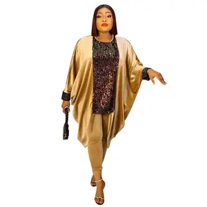 J & H 2024 Mới Đến Phụ Nữ Châu Phi Quá Khổ Flannel Sequin Ăn Mặc + Bút Chì Quần Thời Trang Giản Dị Hai Mảnh Bộ