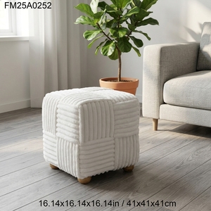 Pouf <span class=keywords><strong>carré</strong></span> rayé en peluche, repose-pieds moelleux avec pieds en bois, tissu en velours côtelé <span class=keywords><strong>blanc</strong></span> doux, repose-pieds pour salon - Product Image 1