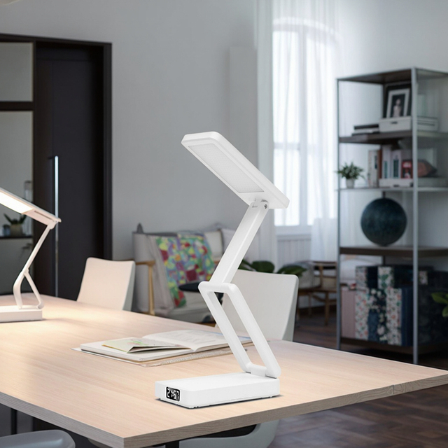 Modern LED Battery Folding Night Light with Clock Display USB Chargeable Three-Color Temperature Bedside Lamp for Reading Room