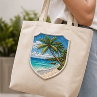 Patch brodé personnalisé thermocollant, motif bouclier, palmier de la côte tropicale texturé, avec ourlet surjeté, pour veste de vacances à la plage