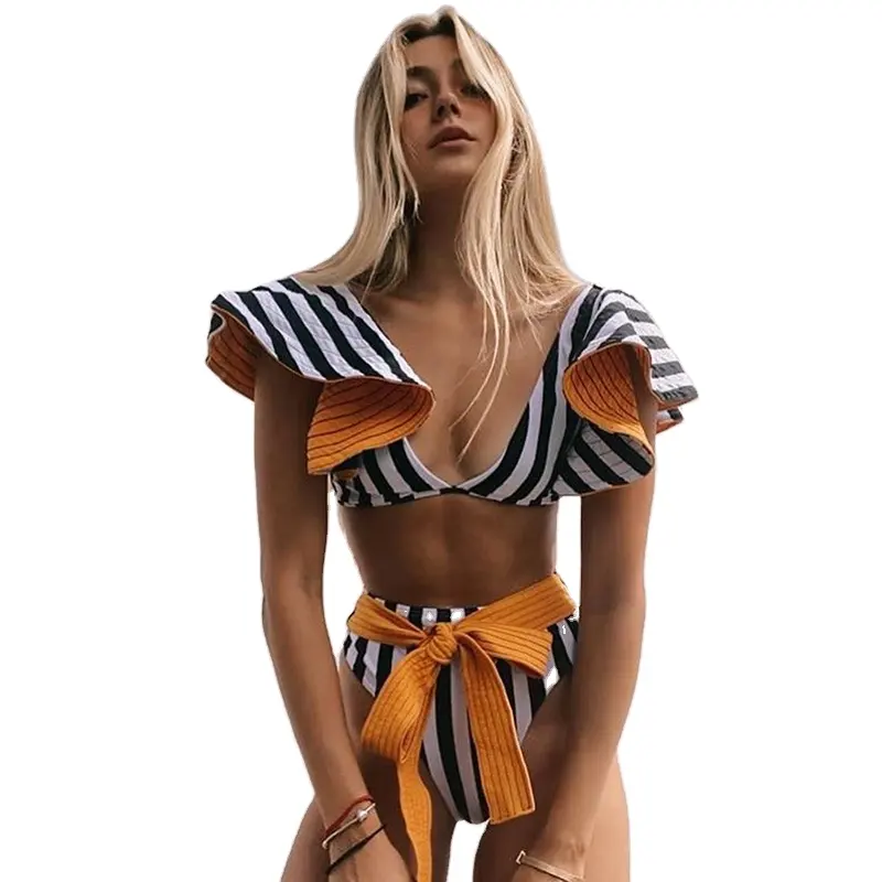 Wholesale 2022 Sexy Ruffle Two Piece Swimsuit New Swimwear Women Striped Deep-V Bathing Suits Beach Wear Swim Suit