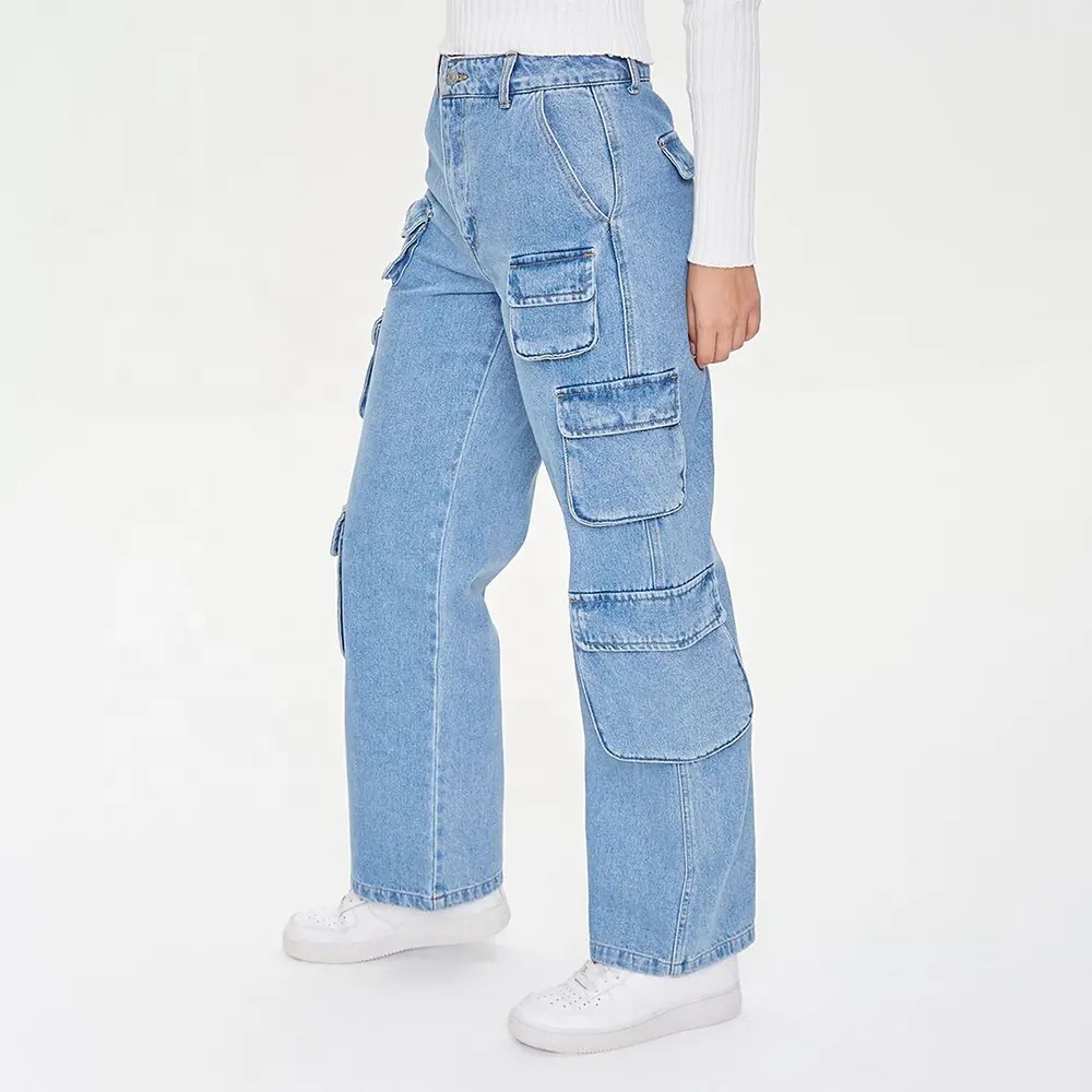 Wholesale Solid Color Denim High Waist Loose Jeans With Zipper Long Straight Relax Cargo Pants For Women With Pockets