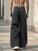 Jean large pour homme taille haute, coupe baggy, en denim délavé, avec croix en strass, style streetwear hip-hop, ourlet clouté