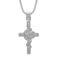 Bijoux Hip Hop Collier pendentif croix en acier inoxydable plaqué or avec plaque de serpent en cristal