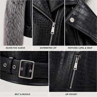Veste Courte Noire en Fourrure Atelier, Manches en Fourrure de Renard Argenté Gaufré Croco, Vestes pour Femmes pour l'Équitation