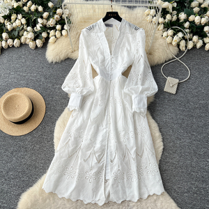Vestido Midi Informal de Verano con Cuello en V Romano para Mujer, Manga Farol, Bordado Imperio, Vestido Calado - Product Image 2