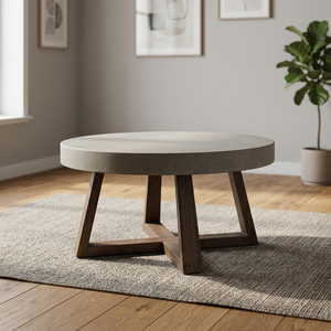 Modern Lightweight Round Concrete Dining <b>Table</b> with Waterproof Wood <b>Legs</b> Durable & Quick-Dry Cushion for Outdoor Living Room Use - Product Image 1