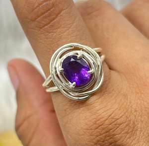 Bague fantaisie vintage en argent sterling 925 avec améthyste naturelle sertie clos, sans nickel, sans plomb, bijoux bohèmes violets pour femme, mariage - Product Image 2