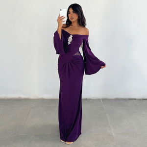 Robe de soirée sirène élégante avec col en V, manches cloche évasées, patchwork plissé, robe luxueuse pour mariage ou soirée - Product Image 1