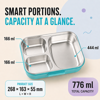 Boîte à lunch bento pour enfants, 3 compartiments, en PP et acier inoxydable 304, compatible lave-vaisselle, avec plateau amovible et fermoirs robustes, idéale pour l'école