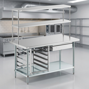 Plan de travail commercial en acier inoxydable avec étagère supérieure, étagère inférieure, tiroir et support pour bacs de cuisson pour cuisine, restaurant, hôtel, restauration - Product Image 1