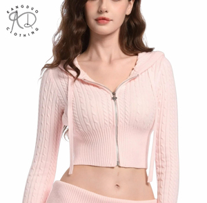 Produttore di maglieria KD personalizzabile in maglia <span class=keywords><strong>rosa</strong></span> Casual pieghevole su gonna a metà vita con Zip <span class=keywords><strong>Cardigan</strong></span> <span class=keywords><strong>donna</strong></span> 2 pezzi - Product Image 3