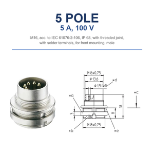 ขั้วต่อวงกลม M16 IP68 แบบเสียบตัวเมีย, ติดตั้งด้านหน้าแบบบัดกรี, 3-14 ขั้ว, IEC 61076-2-106, ของแท้รับรองจากผู้ผลิต 0314 05 (100V) - Product Image 1