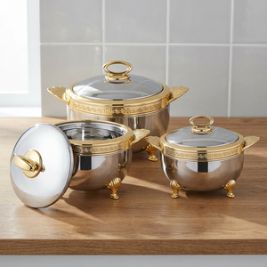 Ensemble de casseroles modernes de luxe en acier inoxydable avec revêtement émaillé et accents dorés, design rond pour cuisinières à gaz et à induction - Product Image 2