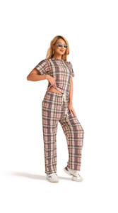 Tc262 2 Set da donna in flanella scozzese a maniche corte, girocollo, vestibilità ampia, pantaloni casual a tutta lunghezza con tasche, per tutte le stagioni - Product Image 1