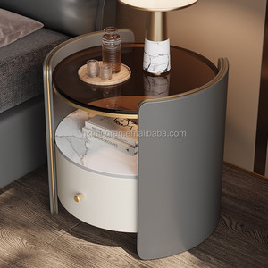 Modern Round Nightstand with Glass Top and Marble <b>Shelf</b> White Storage Drawer Bedroom Furniture - Product Image 4